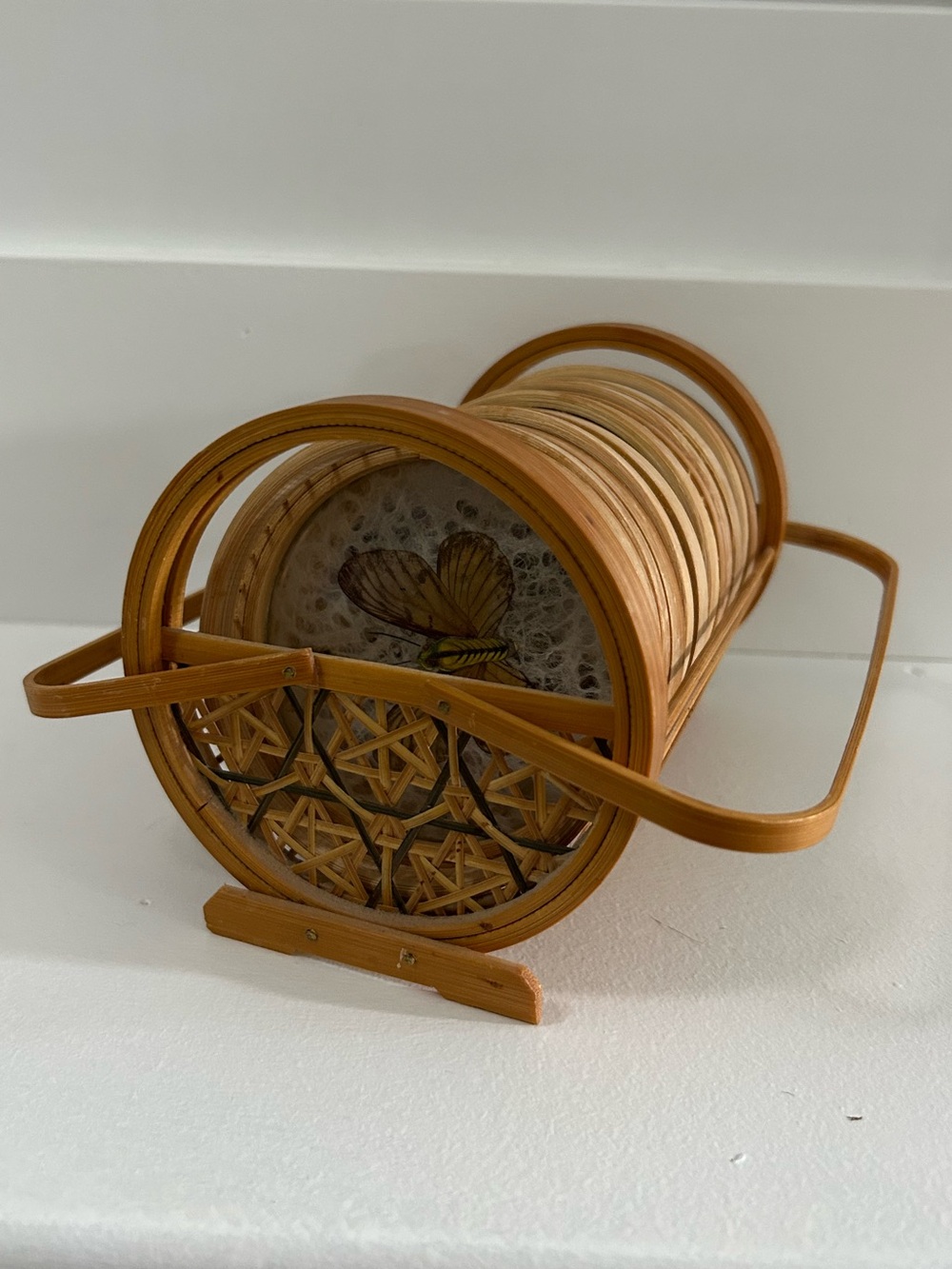Vintage MCM Wicker Butterfly Bamboo Coaster Set with Caddy Holder - Rattan